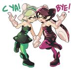  2girls ankle_boots aori_(splatoon) black_dress black_footwear black_hair boots brown_eyes commentary cousins detached_collar dress earrings english food food_on_head from_side gloves gradient_hair green_hair green_legwear grey_hair grin holding_hands hotaru_(splatoon) jewelry leg_up long_hair looking_at_viewer mole mole_under_eye multicolored_hair multiple_girls object_on_head open_mouth pantyhose purple_hair purple_legwear short_dress short_hair short_jumpsuit simple_background smile splatoon_(series) splatoon_1 standing standing_on_one_leg strapless strapless_dress waving white_background white_gloves wong_ying_chee 