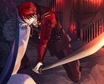  armor fire formal holding holding_weapon itefu japanese_armor looking_at_viewer male_focus one_knee ookanehira_(touken_ranbu) red_hair solo spiked_hair suit sword touken_ranbu weapon yellow_eyes 