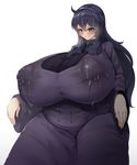  1girl absurdres ahoge black_hair blush breasts curvy dress gigantic_breasts grin hairband hex_maniac_(pokemon) highres lactation long_hair npc plump pokemon pokemon_(game) pokemon_xy puffy_nipples purple_eyes sinensian smile solo thick_thighs wide_hips 