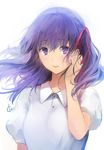  bangs blush closed_mouth collared_shirt fate/stay_night fate_(series) hair_ribbon hair_tucking ice_(ice_aptx) long_hair looking_at_viewer matou_sakura puffy_short_sleeves puffy_sleeves purple_eyes purple_hair red_ribbon ribbon shirt short_sleeves smile solo upper_body white_shirt 