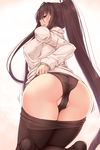  :q ass ass_shake bent_over black_legwear black_panties blush breasts brown_hair clothes_lift commentary_request covered_nipples gradient gradient_background highres kneeling kurochijo large_breasts long_hair motion_lines no_shoes original panties pantyhose pantyhose_pull partially_visible_vulva ponytail profile red_eyes shuugetsu_karasu smile solo sweater sweater_lift tongue tongue_out tsurime turtleneck turtleneck_sweater underwear very_long_hair white_background white_sweater 