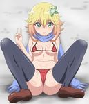  1girl ass bare_arms bare_shoulders bikini black_legwear blonde_hair breasts cameltoe chisaki_tapris_sugarbell erect_nipples eyebrows_visible_through_hair female full_body gabriel_dropout green_eyes hair_between_eyes hair_flower hair_ornament leaning_back looking_at_viewer medium_breasts micro_bikini midriff navel open_mouth red_bikini scarf shiny shiny_skin shoe_soles shoes sitting solo swimsuit thighhighs trg-_(sain) v 