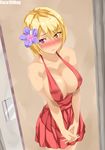  blonde_hair blush breasts center_opening colorized dark_skin dress eyes_visible_through_hair facu10mag flower gravel_(masou_gakuen_hxh) hair_flower hair_ornament hair_over_one_eye hands_together hisasi interlocked_fingers large_breasts looking_at_viewer masou_gakuen_hxh no_bra nose_blush purple_eyes red_dress short_hair solo 