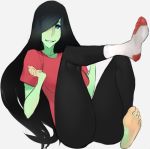  1girl barefoot black_hair blue_eyes feet green_skin hair_over_one_eye long_hair looking_at_viewer mole nina_(scathegrapes) parted_lips scathegrapes single_sock socks soles toes 