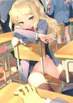 blonde_hair classroom exhibitionism gayarou lifted_by_self no_panties original pussy_juice school_uniform skirt skirt_lift solo_focus thighhighs tongue tongue_out yellow_eyes 