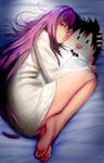  ass barefoot character_print closed_mouth commentary dakimakura_(object) eromoeba error fate/grand_order fate_(series) from_side fujimaru_ritsuka_(male) full_body highres long_hair looking_at_viewer lying on_bed on_side panties pantyshot pantyshot_(lying) pillow pillow_hug purple_hair purple_panties red_eyes ribbed_sweater scathach_(fate)_(all) scathach_(fate/grand_order) smile solo sweater turtleneck turtleneck_sweater underwear white_sweater 
