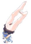  1girl aqua_(konosuba) bar_censor barefoot blue_hair censored detached_sleeves feet handstand highres kono_subarashii_sekai_ni_shukufuku_wo! legs legs_up muchi_maro navel no_panties pussy simple_background skirt skirt_flip soles solo toes upside-down white_background 