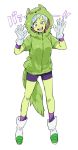  1girl :d bah_(dragon_ball) bah_(dragon_ball)_(cosplay) bare_legs bidarian boots chirai cosplay dragon_ball dragon_ball_super dragon_ball_super_broly female full_body gloves green_jacket highres hood hood_up hooded_jacket jacket looking_at_viewer open_mouth purple_eyes purple_shorts short_hair shorts simple_background smile solo spread_legs standing tail teeth translation_request white_background white_gloves white_hair 