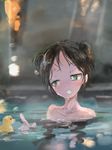 alternate_hairstyle bathing black_hair blurry collarbone depth_of_field double_bun fang francesca_lucchini green_eyes grin hair_up highres kabuyama_kaigi looking_to_the_side nude onsen reflection rubber_duck sketch smile solo strike_witches upper_body water wet wet_hair world_witches_series 