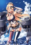  banned_artist blonde_hair blue_eyes blue_sky breasts cannon cloud cowboy_shot day elbow_gloves fingerless_gloves front-tie_top garter_straps gloves iowa_(kantai_collection) itsuwa_(continue) kantai_collection large_breasts long_hair machinery miniskirt mismatched_legwear navel one_eye_closed open_mouth outdoors skirt sky solo star star-shaped_pupils striped striped_legwear symbol-shaped_pupils thighhighs turret vertical-striped_legwear vertical_stripes zettai_ryouiki 