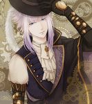 black_gloves black_hat blue_eyes cazalis code:realize cravat feathers gears gloves hat long_hair looking_at_viewer male_focus purple_hair saint_germain_(code:realize) solo standing steampunk 
