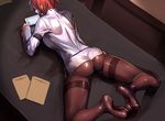  arm_strap ass ayakumo bar_censor black_legwear breasts censored commentary from_above from_behind horikawa_raiko indoors jacket large_breasts legs legs_up long_sleeves lying miniskirt no_panties on_bed on_stomach pantyhose pussy red_hair shiny shiny_clothes side_slit skirt soles solo tablet thighband_pantyhose thighs toes touhou white_jacket white_skirt 