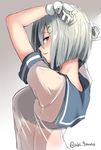  abi_(abimel10) black_bra blue_eyes blush bra bra_through_clothes breasts from_behind from_side gloves grin hair_ornament hairclip hamakaze_(kantai_collection) hands_up highres kantai_collection large_breasts looking_at_viewer looking_back sailor_collar school_uniform see-through serafuku short_hair short_sleeves silver_hair simple_background smile solo twitter_username underwear upper_body white_background white_gloves 
