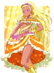  1girl adapted_costume amamiya_erena areola_slip areolae blonde_hair boots breasts circlet closed_mouth cure_soleil earrings frills hair_ornament hand_on_hip jewelry knee_boots kousaka_jun long_hair looking_at_viewer magical_girl orange_skirt precure purple_eyes revealing_clothes shiny shiny_skin skirt skirt_hold smile solo star_twinkle_precure tan underboob wrist_cuffs yellow_background yellow_footwear 