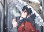  ajirogasa bangs black_hair blunt_bangs blurry blurry_background blush braid breath capelet closed_mouth clothes_writing commentary earlobes frilled_hat frills from_side hair_over_shoulder hajin hands_together hat long_hair outdoors own_hands_together profile red_capelet red_eyes smile snow solo tareme touhou tree twin_braids upper_body winter yatadera_narumi 
