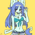  1girl amboynav2 animal_tail bare_shoulders blush cat collar collarbone female furry hairband long_hair looking_at_viewer navel purple_hair short_shorts shorts simple_background smile solo spoken_blush tail white_hairband yellow_background yellow_eyes 