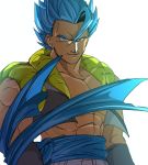  1boy abs arms_at_sides bangs blue_eyes blue_hair clothes_lift dragon_ball dragon_ball_super_broly gogeta grin looking_at_viewer male_focus muscle shaded_face shirtless short_hair simple_background smile spiked_hair super_saiyan_blue tako_jirou upper_body waistcoat white_background wind wind_lift 