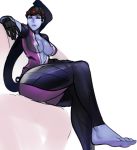  1girl barefoot blue_hair breasts cleavage feet large_breasts long_hair overwatch ponytail purple_skin scathegrapes sitting soles toes widowmaker_(overwatch) yellow_eyes 
