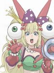  :o bangs blonde_hair blue_eyes bobbles bow bracelet breasts cleavage coelacanth_(gyotaku) collarbone crop_top crown eyeball eyeball_hair_ornament eyebrows eyebrows_visible_through_hair eyelashes fake_horns gloves green_shirt hair_between_eyes hair_bow hair_ornament heart holding horns jewelry lips long_hair looking_at_viewer medium_breasts megaphone midriff mini_crown necklace nose open_mouth palms pearl_bracelet pearl_necklace polka_dot polka_dot_bow puffy_short_sleeves puffy_sleeves purple_bow raised_eyebrows red_bow red_gloves shirt short_sleeves sidelocks simple_background solo spikes sylvie_paula_paula tareme teeth the_king_of_fighters the_king_of_fighters_xiv tongue twintails upper_body very_long_hair wavy_hair white_background wide-eyed 