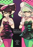  2girls aori_(splatoon) black_jumpsuit closed_mouth commentary cousins cover cover_page cowboy_shot detached_collar domino_mask doujin_cover dress earrings english eyebrows_visible_through_hair food food_on_head gloves green_legwear hotaru_(splatoon) jewelry light_smile long_hair looking_at_viewer mask mole mole_under_eye multiple_girls object_on_head pantyhose pointy_ears purple_legwear short_hair short_jumpsuit smile splatoon_(series) splatoon_1 standing strapless strapless_dress sushi tentacle_hair white_gloves wong_ying_chee 