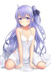  ahoge argyle_cutout arm_support azur_lane bangs blue_ribbon blush breasts collarbone commentary_request dearonnus dress hair_bun hair_ribbon highres long_hair looking_at_viewer one_side_up purple_eyes purple_hair ribbon simple_background sitting small_breasts smile solo unicorn_(azur_lane) wariza white_background white_dress 