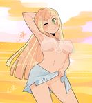  arm_behind_head arm_up armpits bad_id bad_tumblr_id bikini blonde_hair blush braid breasts breasts_apart cleft_of_venus cloud french_braid green_eyes kokomi_(aniesuakkaman) large_breasts legs_apart lifted_by_self lillie_(pokemon) long_hair looking_at_viewer navel nipples no_panties ocean one_eye_closed orange_sky outdoors pokemon pokemon_(anime) pokemon_sm_(anime) pubic_hair pussy sarong see-through signature simple_background skirt skirt_lift sky smile solo standing swimsuit text_focus tied_hair translation_request uncensored water yellow_background 