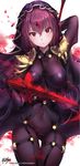  armor ass_visible_through_thighs blush bodysuit closed_mouth commentary covered_navel dual_wielding expressionless fate/grand_order fate_(series) gae_bolg glowing glowing_weapon highres holding holding_weapon kyjsogom long_hair looking_at_viewer pauldrons polearm purple_bodysuit purple_hair red_eyes scathach_(fate)_(all) scathach_(fate/grand_order) shoulder_armor solo spear thigh_gap thighs veil watermark weapon web_address white_background 
