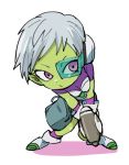  1girl armor bidarian boots chibi chirai dragon_ball dragon_ball_super dragon_ball_super_broly expressionless eyelashes fanny_pack female full_body gloves grey_hair gun handgun looking_away pistol purple_eyes scouter shadow short_hair simple_background solo spread_legs standing weapon white_background white_gloves 