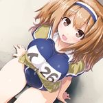  blue_swimsuit blush breasts brown_eyes brown_hair brown_jacket collarbone covered_navel dd_(ijigendd) eyebrows_visible_through_hair from_above headband highres i-26_(kantai_collection) jacket kantai_collection large_breasts long_hair looking_at_viewer looking_up new_school_swimsuit one-piece_swimsuit open_mouth school_swimsuit sitting solo swimsuit zipper 