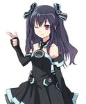  bare_shoulders black_hair chikuwa_(majihima) elbow_gloves gloves hair_ornament looking_at_viewer neptune_(series) one_eye_closed red_eyes ribbon solo two_side_up uni_(choujigen_game_neptune) 
