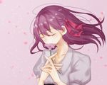  closed_eyes collarbone commentary_request dress fate/stay_night fate_(series) flower hair_ribbon hands_together hands_up low_neckline matou_sakura petals purple_background purple_hair red_ribbon ribbon smelling_flower solo upper_body white_dress xxxntrsio 
