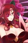  bare_shoulders breasts brown_eyes choker cleavage detached_sleeves eyepatch highres holding kiseru kokoro_rokoko large_breasts long_hair long_sleeves majo_to_hyakkihei mole mole_under_eye parted_lips pipe red_hair smile smoke solo upper_body valentine_(majo_to_hyakkihei) 