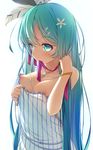  adjusting_hair aqua_eyes aqua_hair areola_slip areolae belt bracelet breasts commentary_request criss-cross_halter dress eyebrows_visible_through_hair hair_down hair_ornament hairclip halterneck hatsune_miku highres jewelry long_hair looking_at_viewer medium_breasts mouth_hold necklace nipples no_bra papino solo striped vertical-striped_dress vertical_stripes vocaloid white_background 
