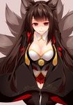  akagi_(azur_lane) animal_ears azur_lane bad_id bad_pixiv_id black_hair breasts cleavage closed_mouth collarbone commentary_request fox_ears fox_tail hakama_skirt japanese_clothes large_breasts long_hair long_sleeves looking_at_viewer multiple_tails red_eyes sakurame seiza shaded_face sitting smile solo tail v_arms wide_sleeves 