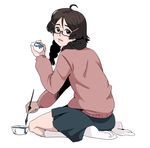  braid brown_eyes brown_hair egg freckles glasses hair_ornament hairclip kneehighs kneeling kuragehime kurashita_tsukimi looking_at_viewer looking_back no_shoes paintbrush parted_lips pink_sweater simple_background solo sweater techsupportdog twin_braids white_background white_legwear 