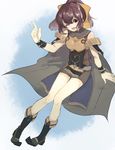  armor blue_background boots breastplate brown_eyes brown_hair cape chikefu dress dyute_(fire_emblem) fire_emblem fire_emblem_echoes:_mou_hitori_no_eiyuuou full_body hair_ribbon highres index_finger_raised looking_at_viewer one_eye_closed open_mouth ribbon short_dress short_hair simple_background sleeveless smile solo tabard wrist_cuffs 