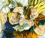  2boys battle blonde_hair blood blood_on_face clenched_hands dirty dirty_clothes dirty_face dragon_ball dragonball_z electricity fighting fighting_stance fingernails frown gloves green_eyes grey_background grin looking_at_another majin_vegeta male_focus multiple_boys reeya short_hair signature simple_background smile son_gokuu spiked_hair super_saiyan super_saiyan_2 vegeta veins white_gloves 