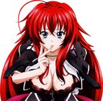  absurdres ahoge aqua_eyes bent_over black_bra bra breasts choker cleavage finger_licking green_choker high_school_dxd highres huge_ahoge large_breasts licking long_hair official_art red_hair rias_gremory school_uniform solo tongue tongue_out underwear very_long_hair 
