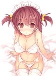  :o arm_support bangs bare_arms bare_shoulders bed_sheet blush bow bow_panties bra breasts brown_eyes brown_hair cleavage collarbone eyebrows_visible_through_hair from_above garter_belt hair_between_eyes hair_ornament hair_scrunchie kurasuke kurasuke's_maid_girl large_breasts looking_at_viewer looking_up maid_headdress navel nose_blush original panties parted_lips scrunchie short_twintails sidelocks sitting solo thighhighs twintails underwear underwear_only white_background white_bra white_legwear white_panties yellow_scrunchie 