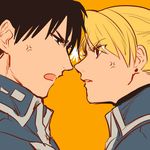 1girl amestris_military_uniform annoyed black_eyes black_hair blonde_hair brown_eyes earrings eyebrows_visible_through_hair fighting frown fullmetal_alchemist jewelry makaron611 military military_uniform noses_touching open_mouth orange_background riza_hawkeye roy_mustang simple_background uniform 