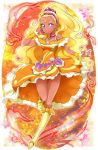  1girl amamiya_erena blonde_hair boots circlet closed_mouth cure_soleil dress earrings fire frilled_dress frills full_body hair_ornament hanzou highres jewelry knee_boots long_hair looking_at_viewer magical_girl mole mole_under_eye orange_background orange_dress precure purple_eyes smile solo star star_hair_ornament star_twinkle_precure tan wrist_cuffs yellow_footwear 