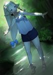  1girl animal_ears blonde_hair blue_eyes dappled_sunlight dutch_angle fang female full_body hasukawa_isaburou long_hair low-tied_long_hair nature original outdoors partially_submerged shadow skirt solo water 