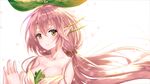  bangs bare_shoulders breasts cleavage collarbone commentary granblue_fantasy hair_ornament highres jun_project large_breasts leaf long_hair looking_at_viewer pink_hair plant_girl pointy_ears simple_background smile solo sparkle twintails white_background yellow_eyes yggdrasil_(granblue_fantasy) 