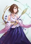  blue_eyes blue_hakama breasts brown_hair detached_sleeves felia_hanakata final_fantasy final_fantasy_x green_eyes hair_ornament hakama heterochromia holding holding_wand japanese_clothes jewelry medium_breasts necklace print_hakama short_hair solo staff wand weapon yuna_(ff10) 