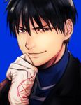  amestris_military_uniform black_eyes black_hair blue_background coat fullmetal_alchemist gloves hand_on_own_chin looking_at_viewer makaron611 male_focus military military_uniform roy_mustang short_hair simple_background smile solo uniform 