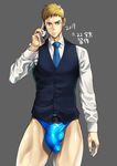 1boy blonde_hair blue_eyes bulge crotch kyouta_(a01891226) male_focus necktie penis phone solo underwear 