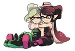  2girls ankle_boots aori_(splatoon) black_dress black_footwear black_hair black_jumpsuit boots brown_eyes closed_mouth commentary_request cousins detached_collar domino_mask dress earrings food food_on_head gloves gradient_hair green_hair green_legwear grey_hair hotaru_(splatoon) hug hug_from_behind jewelry long_hair looking_at_another looking_back mask mole mole_under_eye multicolored_hair multiple_girls object_on_head one_eye_closed pantyhose pointy_ears purple_legwear short_hair short_jumpsuit simple_background sitting smile splatoon_(series) splatoon_1 strapless strapless_dress sushi tentacle_hair white_background white_gloves wong_ying_chee 