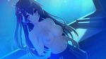  blue breasts cowboy_shot dutch_angle eyebrows_visible_through_hair game_cg grin hair_between_eyes hair_ornament kamiizumi_saya kizuna_kirameku_koi_iroha large_breasts long_hair looking_at_viewer moonlight navel night nipples nironiro non-web_source outdoors skirt smile solo topless 