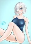  absurdres blue_background blue_eyes blue_swimsuit breasts competition_school_swimsuit hair_ornament hair_over_one_eye hairclip hamakaze_(kantai_collection) highleg highleg_swimsuit highres kantai_collection large_breasts onion_(kumagaioyr) school_swimsuit short_hair signature silver_hair simple_background sitting smile solo swimsuit 