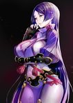  black_gloves blush bodysuit breasts contrapposto covered_navel cowboy_shot crying crying_with_eyes_open fate/grand_order fate_(series) fingerless_gloves gloves highres large_breasts long_hair minamoto_no_raikou_(fate/grand_order) parted_lips pelvic_curtain puffy_sleeves purple_background purple_bodysuit purple_eyes purple_hair solo sparks standing tabard taishi_(picchiridou) tears vambraces very_long_hair 